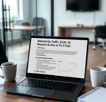 website no traffic 2026 seo dashboard with analytics charts showing low traffic and ranking issues