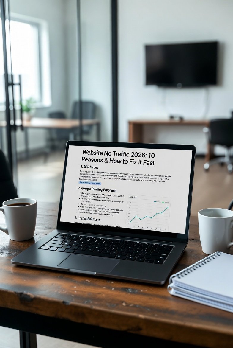 website no traffic 2026 seo dashboard with analytics charts showing low traffic and ranking issues